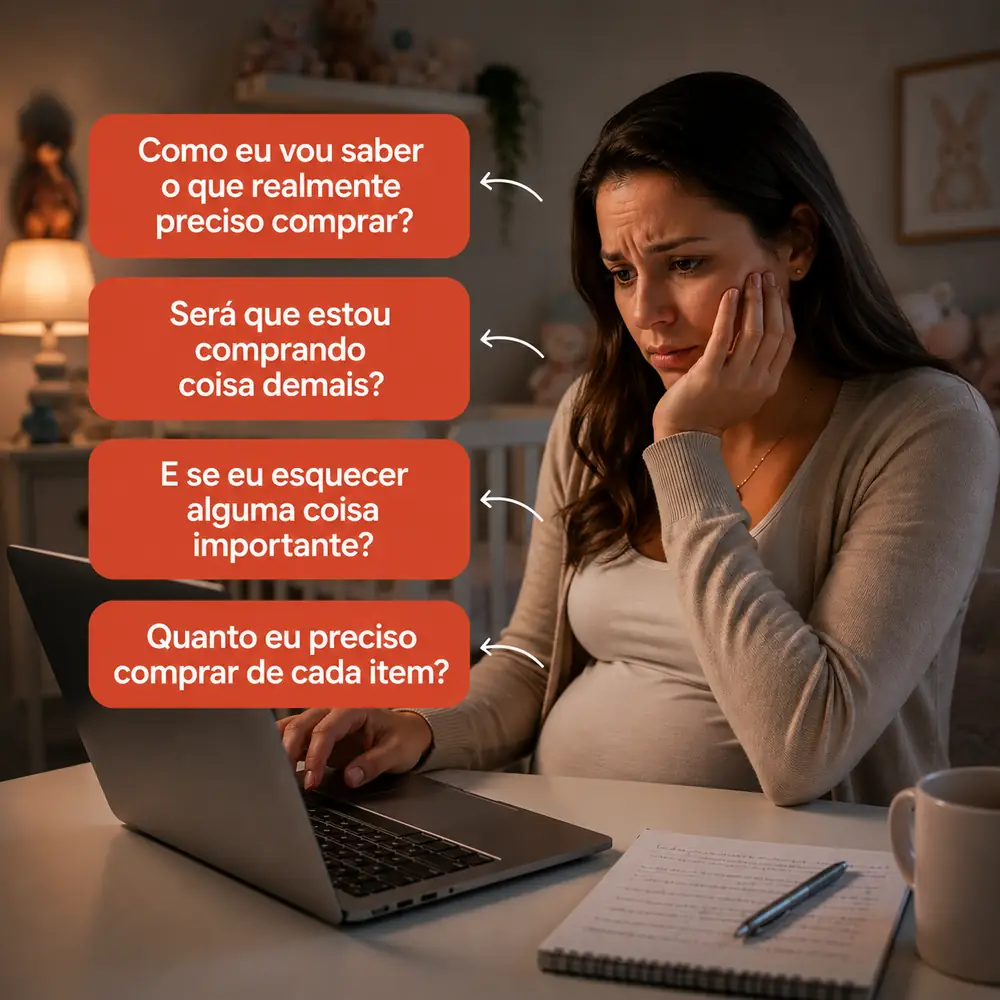 Gestante pensativa cercada por balões de dúvidas sobre o enxoval